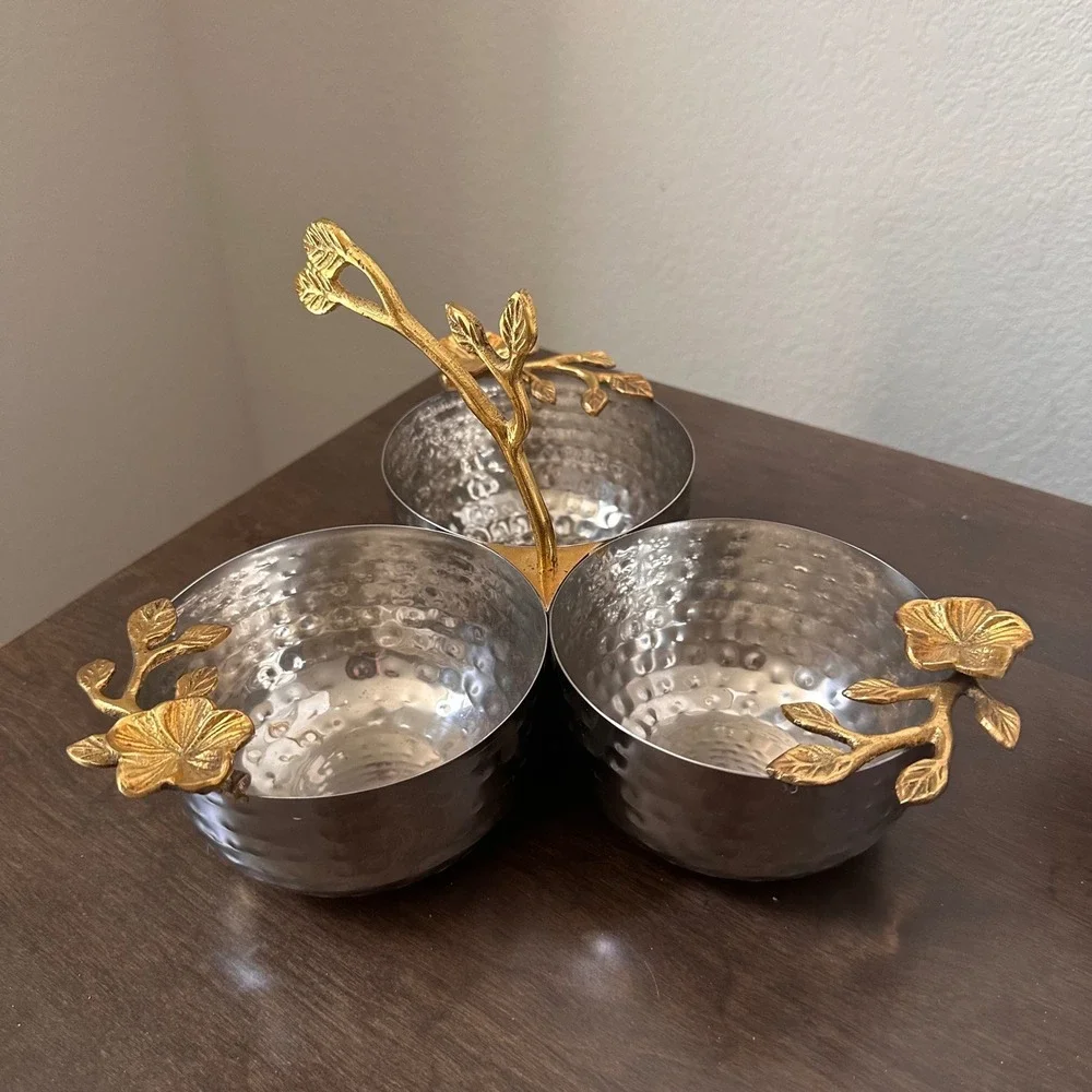 Hammered Stainless Steel 3-Bowl Condiment Server Gold Floral Branch Handle India